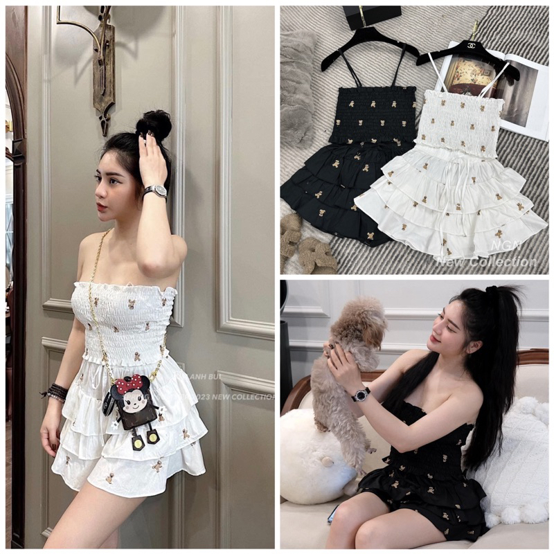 Sét áo chun hai dây + chân váy tầng thêu gấu