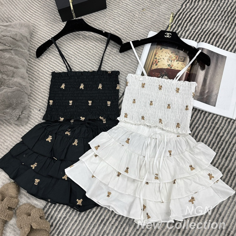 Sét áo chun hai dây + chân váy tầng thêu gấu