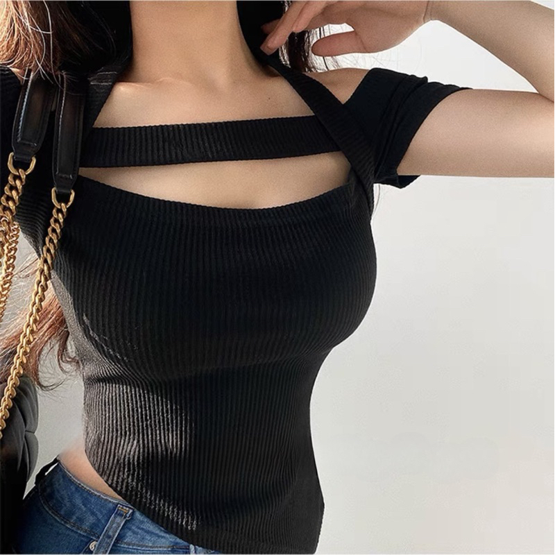 Áo thun nữ tay ngắn dây Đan cổ C-T