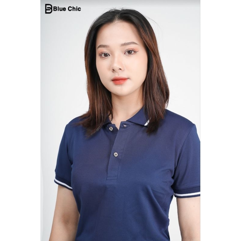 Áo Polo Nữ Màu Xanh Tím Than BLUECHIC Phối Viền Chìm Vải Poly Co Giãn Dáng Công Sở Trẻ Trung NF006