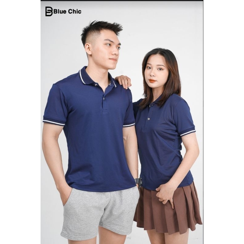 Áo Polo Nữ Màu Xanh Tím Than BLUECHIC Phối Viền Chìm Vải Poly Co Giãn Dáng Công Sở Trẻ Trung NF006