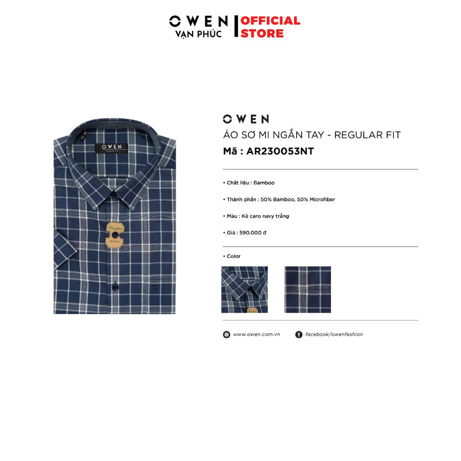 Áo Sơ Mi Nam Cộc Tay OWEN AR230053NT Kẻ Caro navy trắng Kiểu Dáng Regular Fit Chất Liệu Bamboo Mịn Mát Dễ Phối Đồ