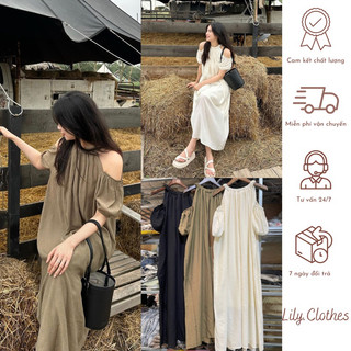 Váy maxi cổ yếm đũi tơ xẻ vai dáng suông