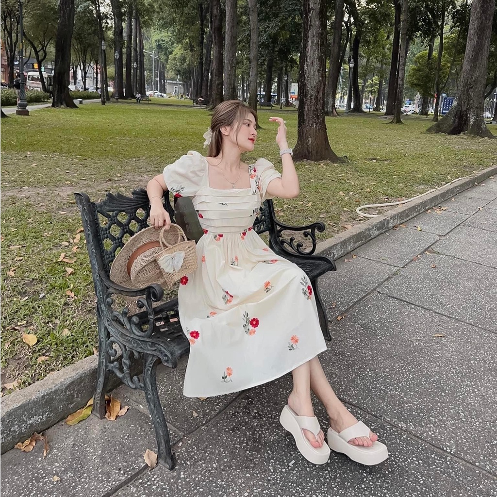 Đầm hoa - Váy maxi tay bồng công chúa tiểu thư dáng xoè Chất vải đũi lụa Quảng Châu mềm mát Kim Anh Fashion345