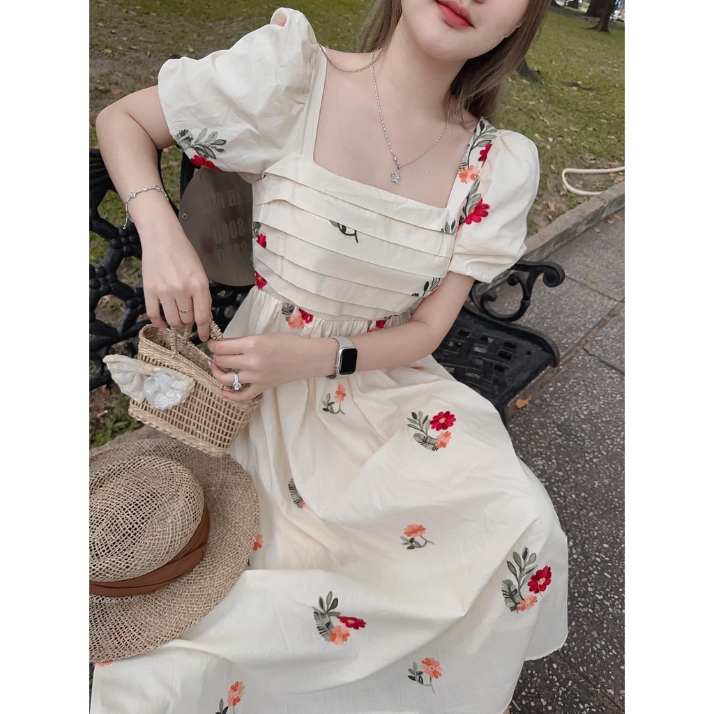 Đầm hoa - Váy maxi tay bồng công chúa tiểu thư dáng xoè Chất vải đũi lụa Quảng Châu mềm mát Kim Anh Fashion345