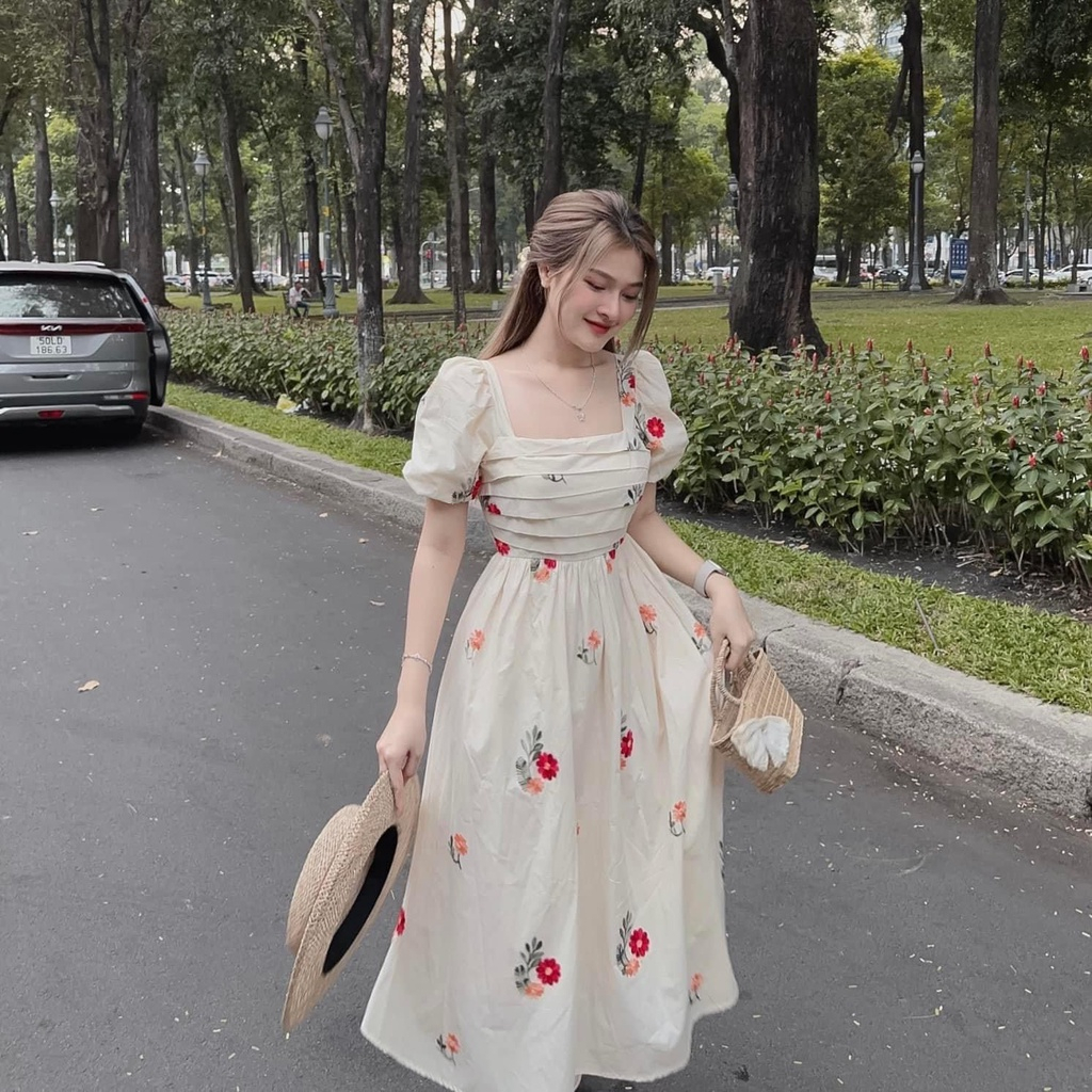 Đầm hoa - Váy maxi tay bồng công chúa tiểu thư dáng xoè Chất vải đũi lụa Quảng Châu mềm mát Kim Anh Fashion345