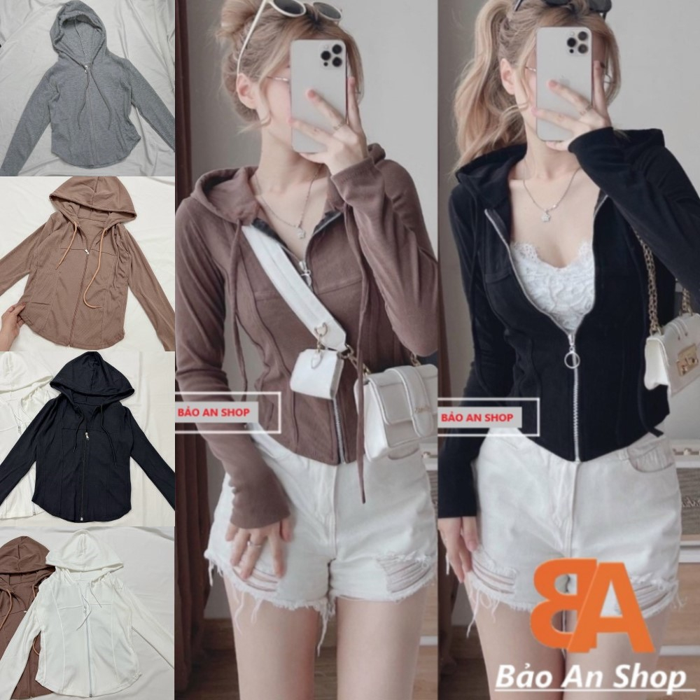 Áo thun nữ kiểu phối khoá kéo nón tay dài chất vải thun gân len 4 chiều FreeSize feedback - Bảo An Shop hot top
