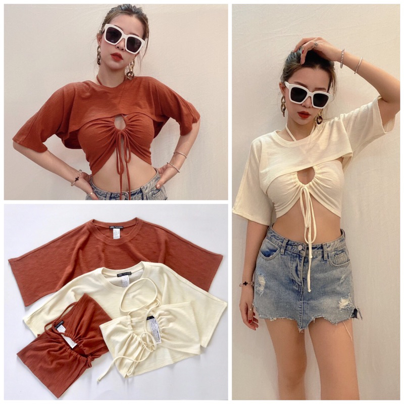 Set 2 áo ống rút dây và croptop thun len ( tách set )