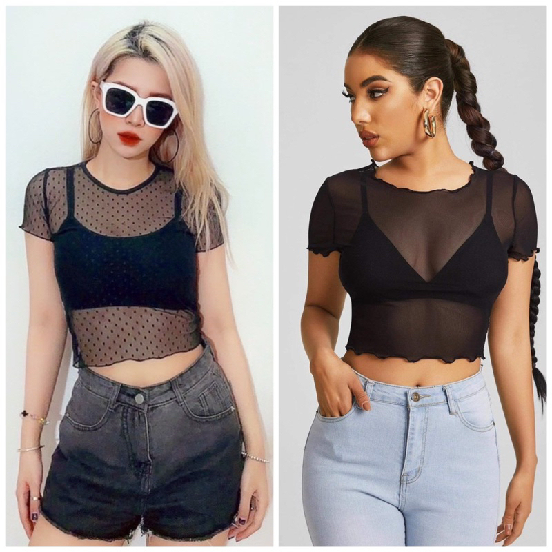 Áo croptop lưới mỏng đen đi quẩy bao cháy