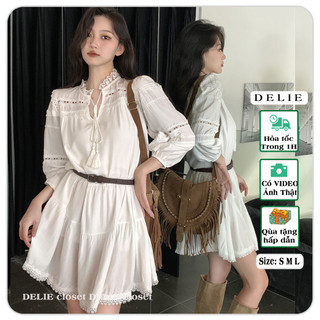 Váy trắng phối belt DELIE đầm babydoll tay phồng tặng kèm thắt lưng phóng cách phóng khoáng thảo nguyên VK017
