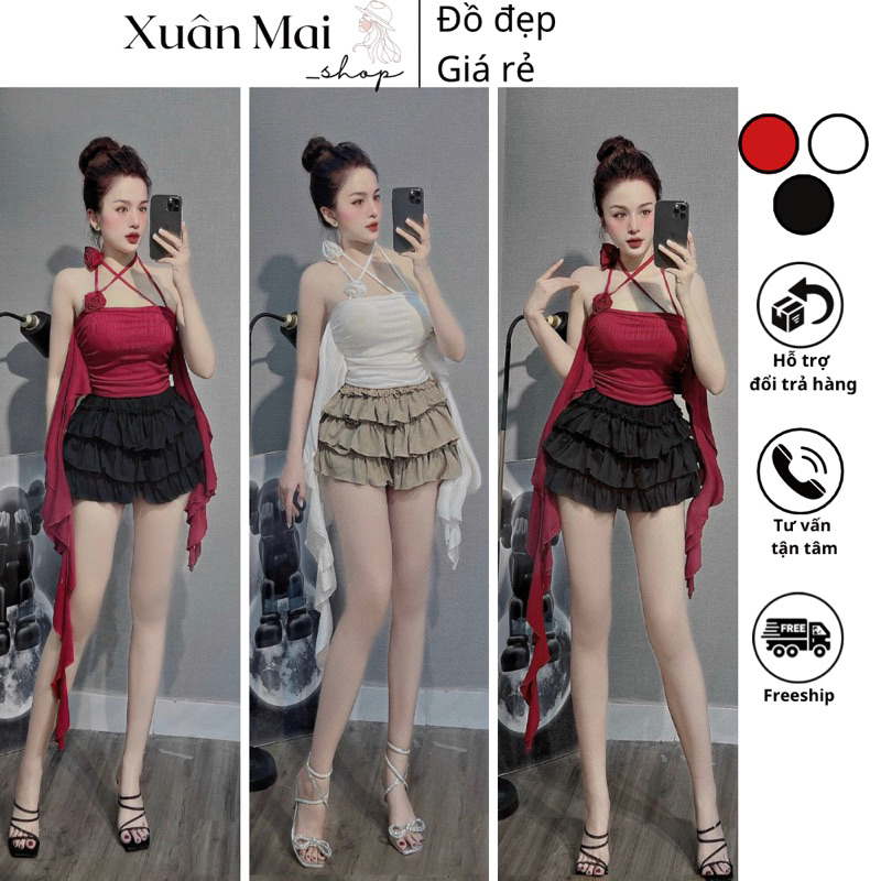 [FREESHIP - Sẵn mút] Áo yếm tầng đính hoa tua rua con mực dài cổ đính bông hoa siêu xinh hot hit