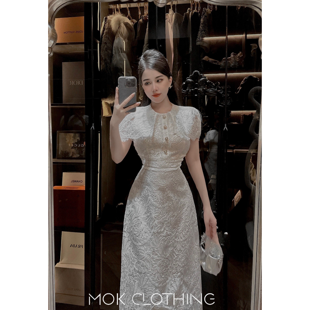 Đầm váy nữ cổ tròn tay ngắn đính khuy dáng dài ren họa tiết phong cách thanh lịch sang trọng hàng thiết kế cao cấp