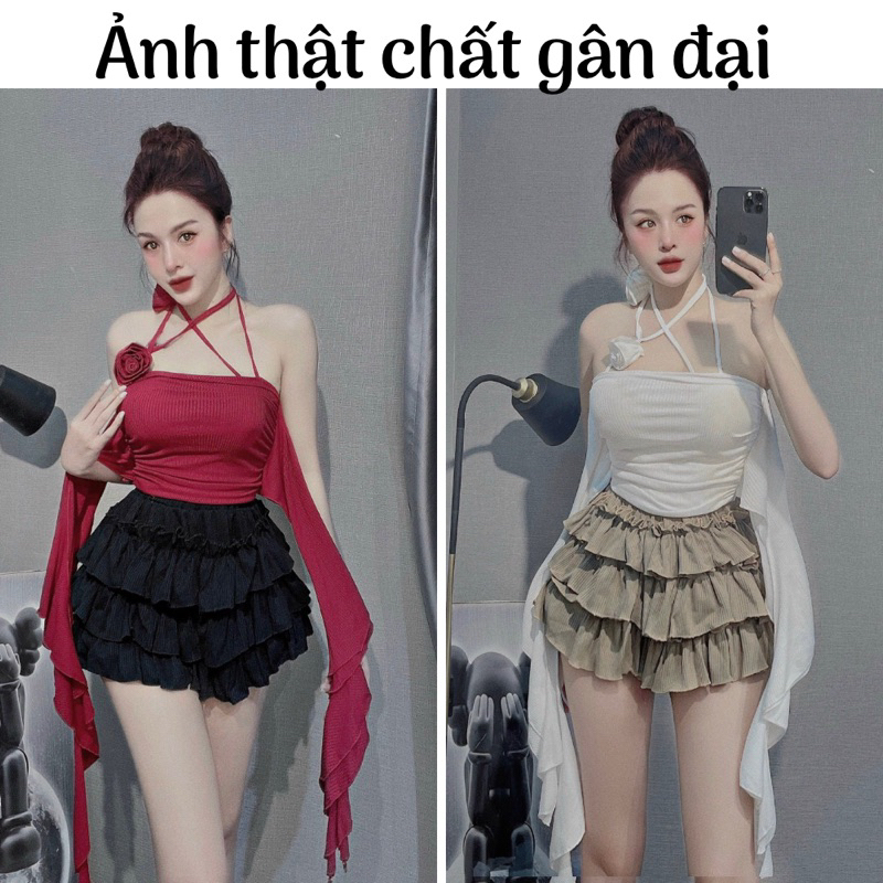 [FREESHIP - Sẵn mút] Áo yếm tầng đính hoa tua rua con mực dài cổ đính bông hoa siêu xinh hot hit