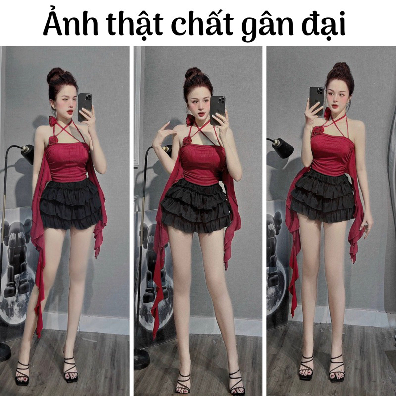 [FREESHIP - Sẵn mút] Áo yếm tầng đính hoa tua rua con mực dài cổ đính bông hoa siêu xinh hot hit