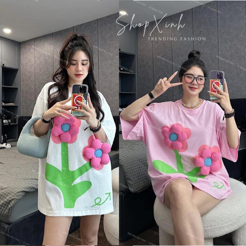 Áo Phông Gắn Hoa Nổi, Áo Bông Nổi Thời Trang Nữ, Áo Phông Đính Hoa Nổi Chất Cotton Tàu Sịn Form Rộng