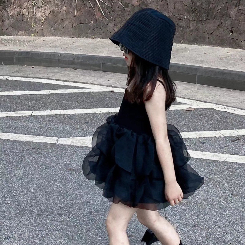 Váy đầm đen liền 2 dây voan bồng cho bé gái 10-20kg