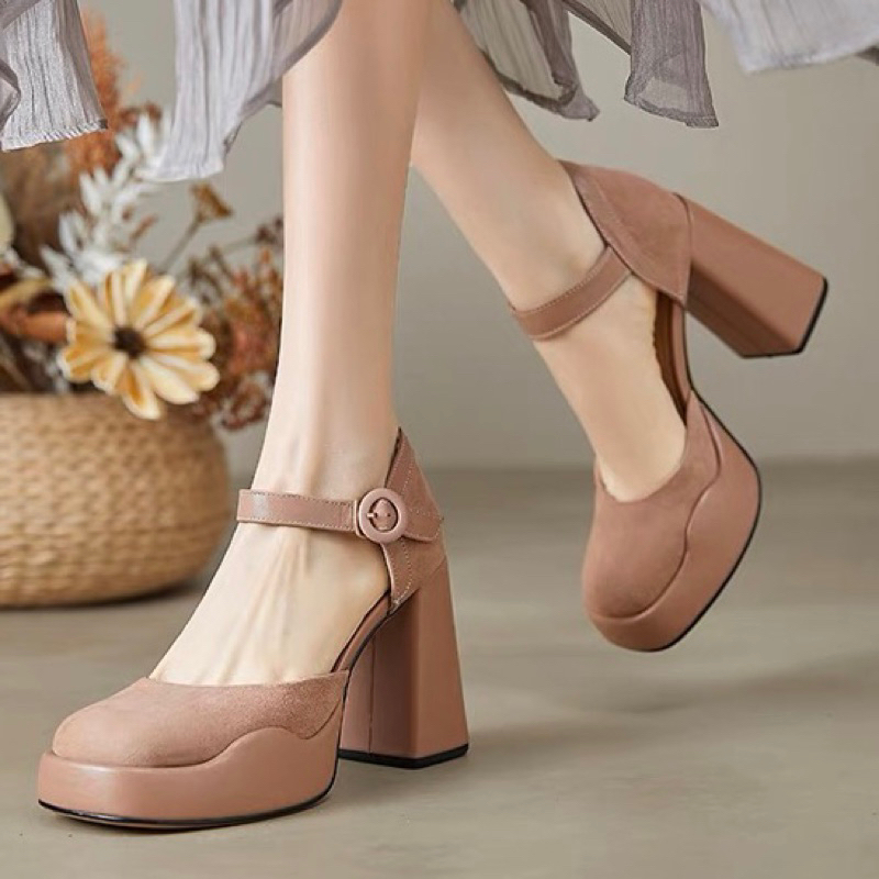 ORDER 🍂 Giày gót trụ mũi tròn da trơn da lộn phối viền 34-39 9cm