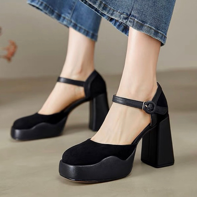 ORDER 🍂 Giày gót trụ mũi tròn da trơn da lộn phối viền 34-39 9cm