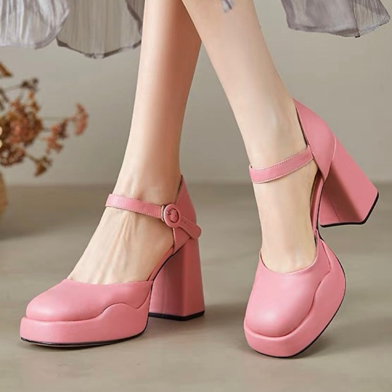 ORDER 🍂 Giày gót trụ mũi tròn da trơn da lộn phối viền 34-39 9cm