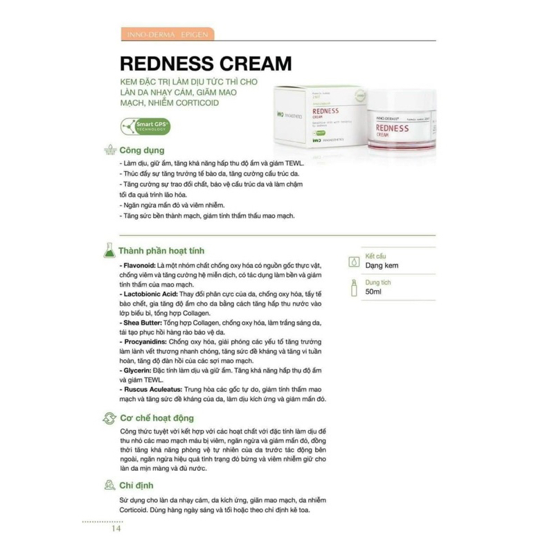 Kem Làm Dịu Tái Tạo Da Mẩn Đỏ Giãn Mao Mạch Do Corticoid Innoaesthetics Inno-Derma REDNESS CREAM 50ml