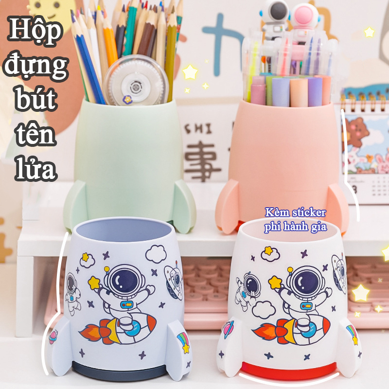 Hộp đựng bút để bàn hình hỏa tiễn kèm miếng dán sticker, ống bút viết phi hành gia dễ thương