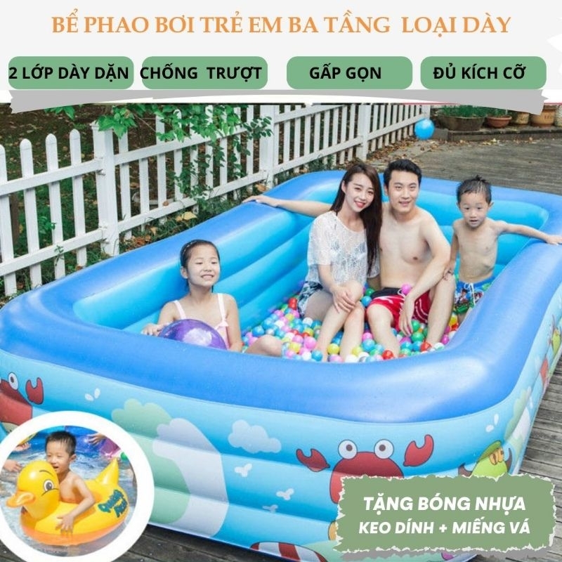 Bể bơi cho bé, hồ bơi trẻ em loại dày hình chữ nhật( kèm miếng dán) 1m2, 1m3 , 1m5, 1m8, 2m1 | 2 tầng, 3 tầng