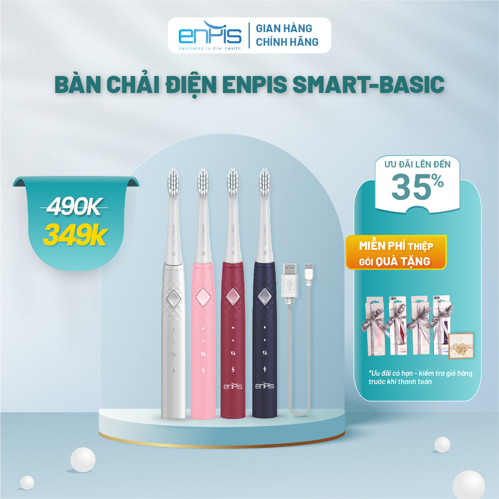 Bàn chải điện ENPIS Smart Basic, 3 chế độ chăm sóc răng miệng thông minh, công nghệ sóng âm SONIC, bảo hành 6 tháng
