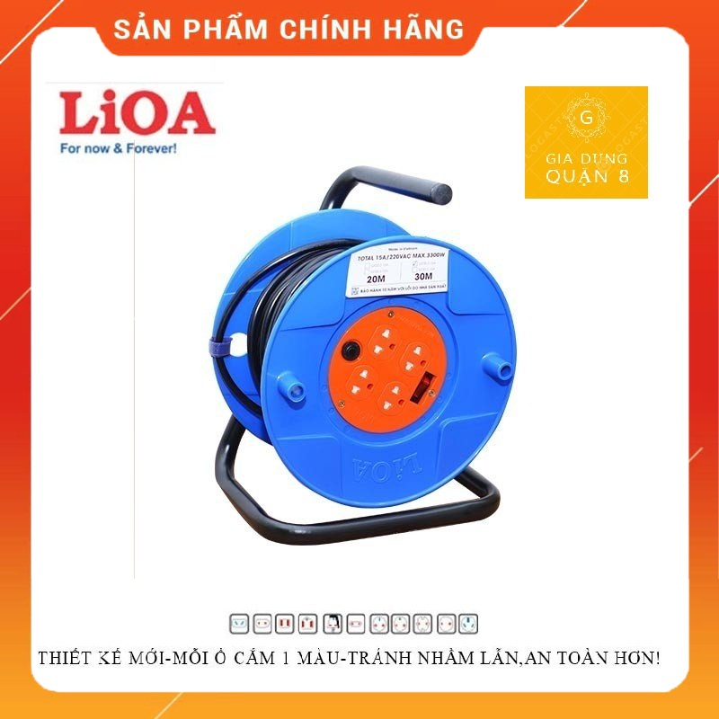 Ổ Cắm Đa Năng Kéo Dài Quay Tay Kiểu Rulo LiOA 30m - QT30-2-15A - 3 Chấu Tiện Lợi
