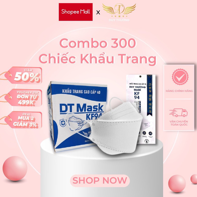 Thùng 300 chiếc Khẩu trang y tế 4D KF94 4 lớp Duy Thường Mask có giấy lọc kháng khuẩn lọc bụi chống nắng và tia UV