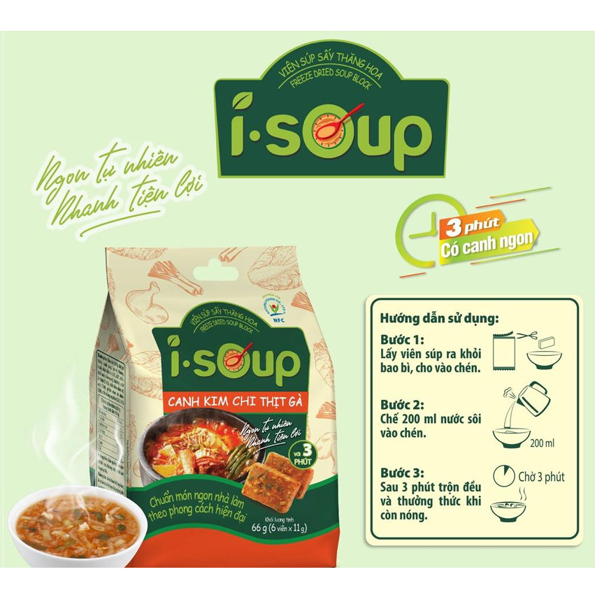 Canh Ăn Liền I-Soup Khoai Mỡ Chay/Nấm Chay/Chua Chay/Cải Xoong/Kim Chi gói 66G