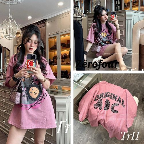 Áo phông hồng cổ tròn chữ ABC dáng rộng tay lỡ vải cotton khô dễ phối dễ mặc ZEROFOUR