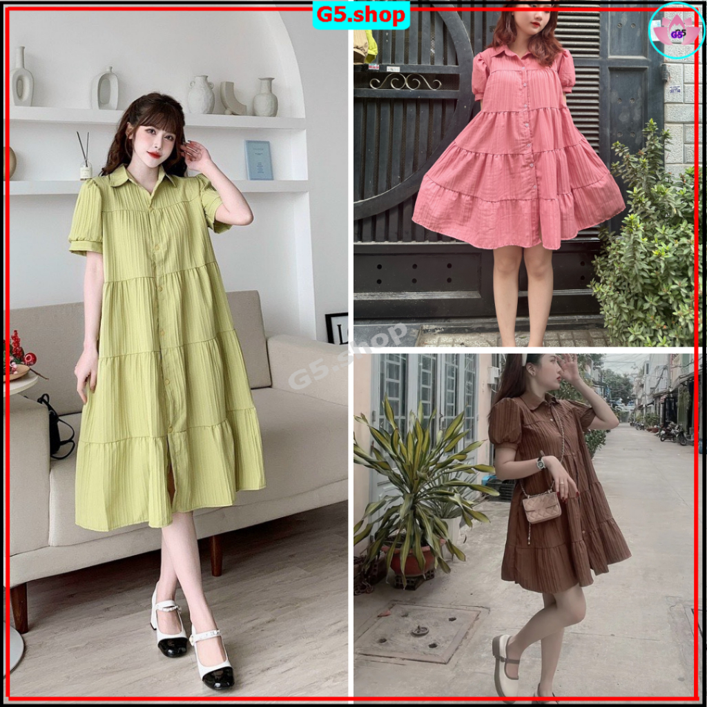 Váy Babydoll ngắn hoặc dài sọc Mùa Hè Vải Đũi mát mẻ, Đầm bầu Thiết Kế, Công Sở Dự Tiệc Đi Chơi,Tay phồng bồng bềnh SL