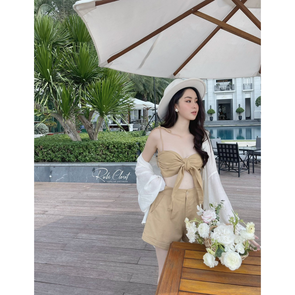 Set Bộ Nữ 3 Món Đi Biển Áo Cúp Ngực Lưng Chun Mix Quần Sooc Đùi Áo Sơ Mi Khoác Ngoài Siêu Xinh