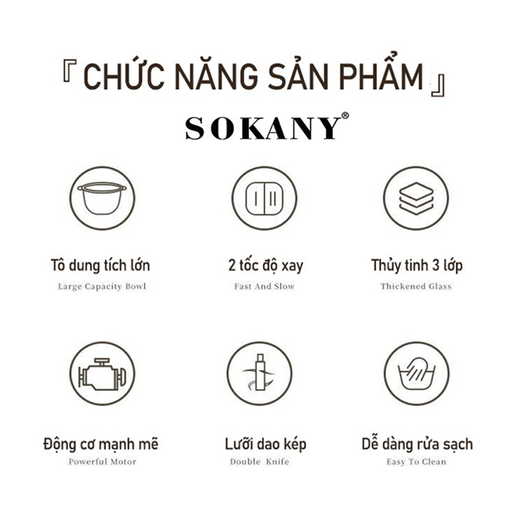Máy xay thịt đa năng SOKANY cối thủy tinh 2 lít, xay nghiền chế biến đồ ăn dặm cho bé [BH 12 Tháng]