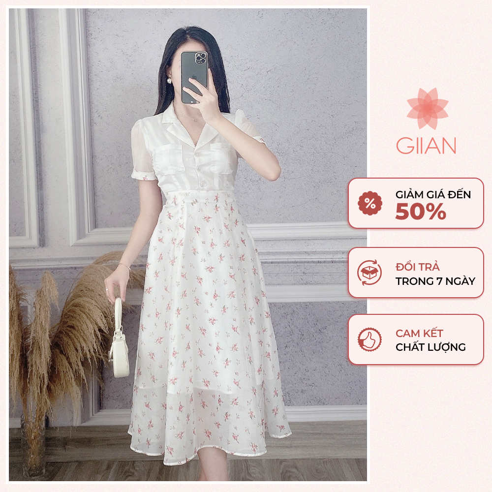 Váy xòe hoa cổ sơ mi phối tay tơ chính hãng Giian - MV04