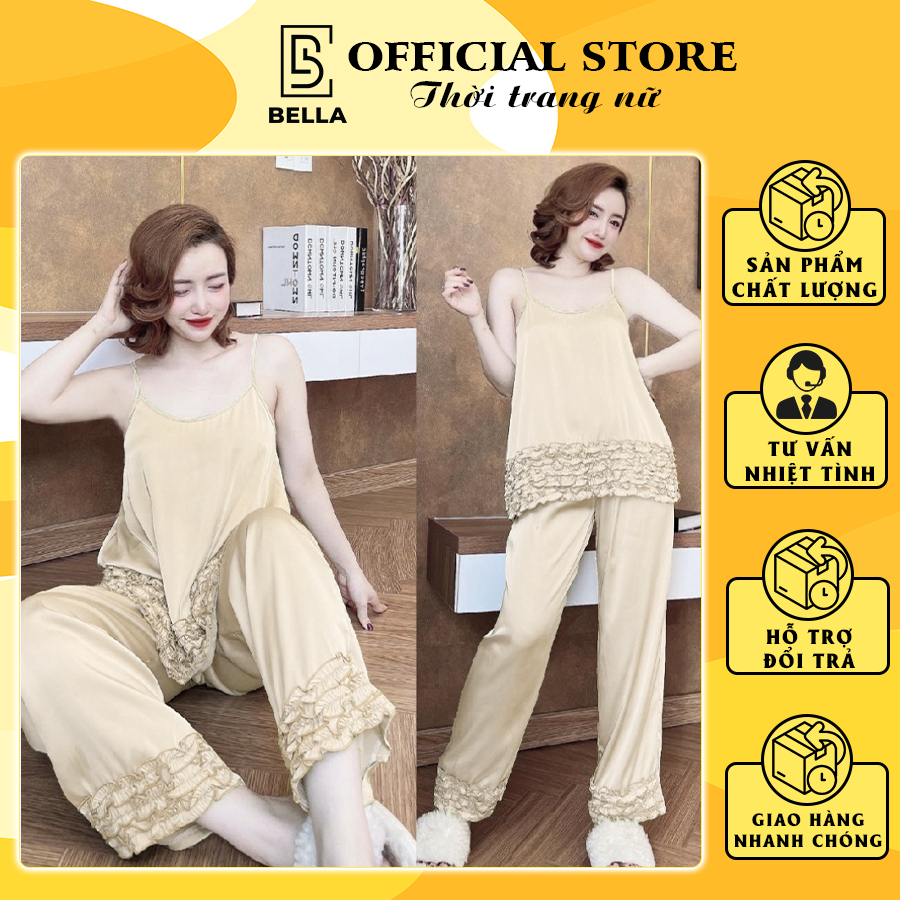 Bộ ngủ nữ Bella.boutique0202 - Đồ bộ ngủ quần dài 2 dây hở lưng, set đồ ngủ sexy vải satin Bella