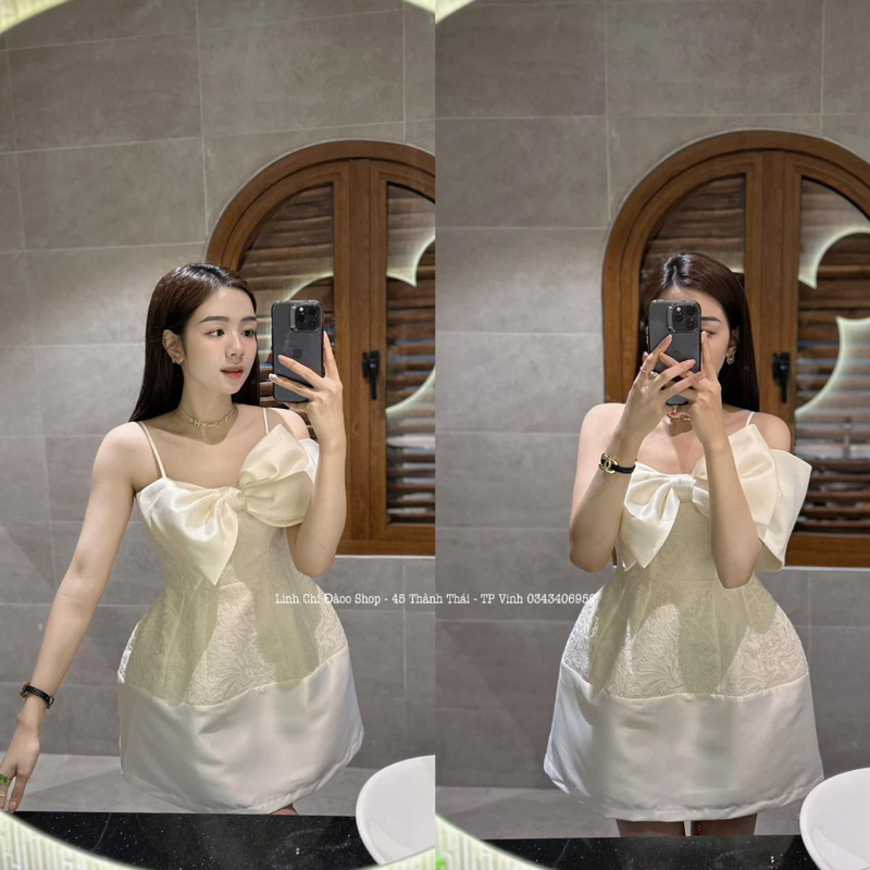 Váy tafta lệch vai nơ ngực phối ren sang sịn lắm lun, nơ ngực có thể tuỳ chỉnh nha mng #SM- 2 màu trắng / kem