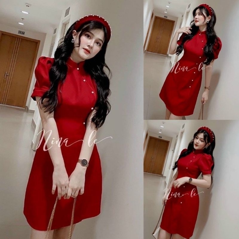 Đầm váy nữ tết sườn xám cổ tàu đính nút cườm với tone đỏ sáng da xinh xắn dành cho các nàng đi chơi, dạo phố 94
