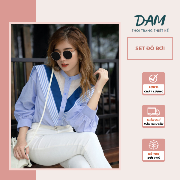 Áo sơ mi nữ Dam Store cổ trụ phối vai viền chữ v, đính gài nút, tay dài phong cách công sở