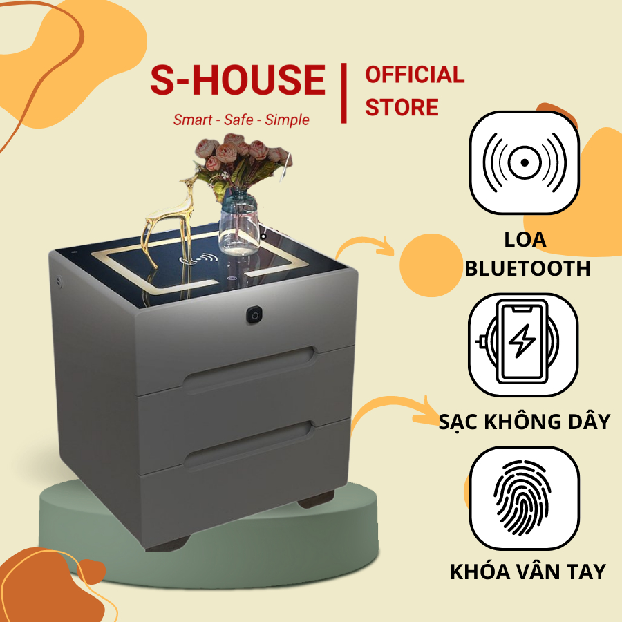 Tủ khoá cao cấp Shouse 3 ngăn để đầu giường kết hợp sạc không dây, đèn LED hàng nội địa kích thước 50*40*60 cm