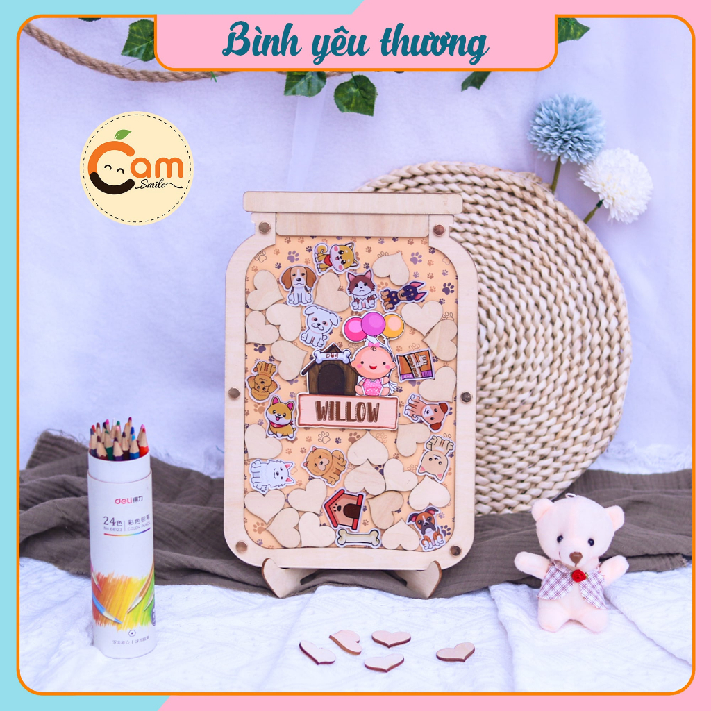 Bình thả tim lưu giữ chữ ký dành cho bé, bé và những chú cún, bình thả theo tên của bé, quà tặng sinh nhật cho bé
