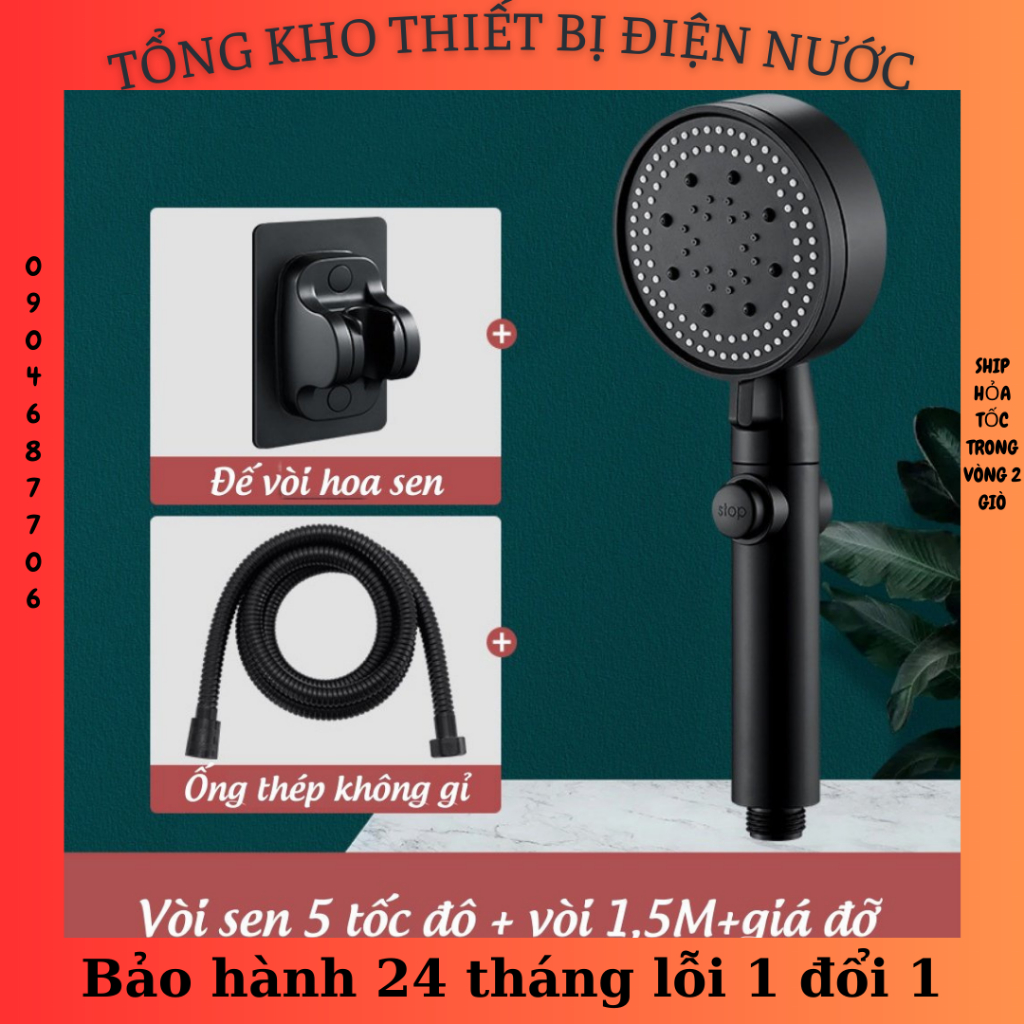 Vòi Hoa Sen Vòi Sen Tăng Áp Cao Cấp Không Gỉ 5 Chế Độ Nước Có Nút Tắt Mở Tiện Dụng VHS14 Kèm Dây + Đế Cài Dán