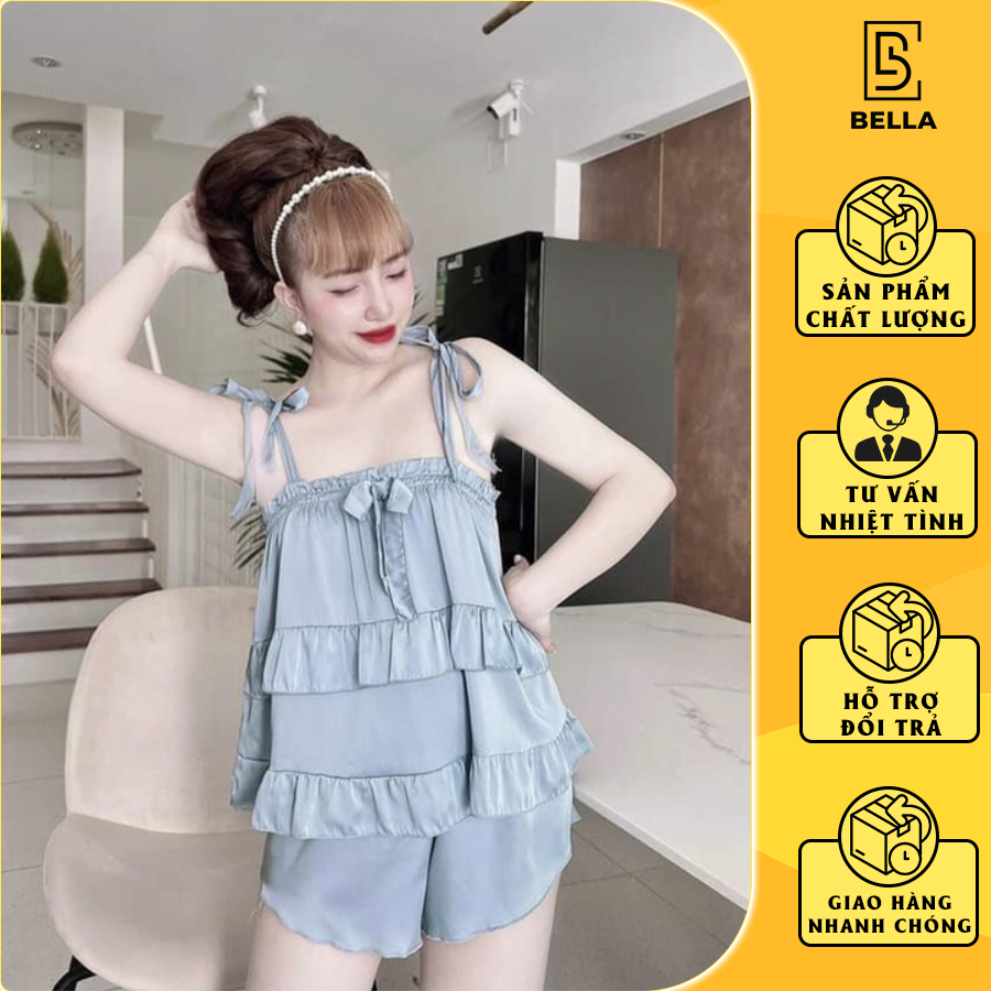 Bộ Đồ Hai Dây Bella.boutique0202 - Bộ Satin 2 Dây Cột Nơ - Đồ Ngủ Dây Buộc 3 Tầng Bèo Nhí