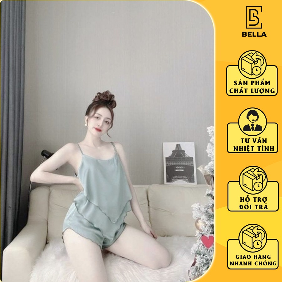 Đồ Ngủ Bella.boutique0202 - Đồ Ngủ Sexy Nữ, Bộ Đùi Nữ 2 Dây Hai Tầng Nhọn, Chất Satin Mặc Mát
