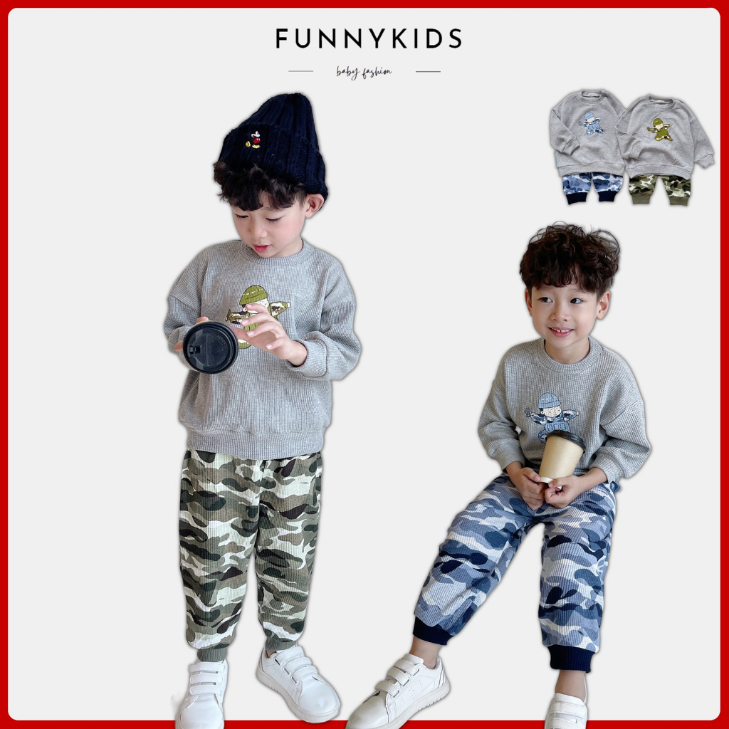 Bộ đồ dài tay quần dài thu đông bộ đội cho bé trai/ gái chất liệu 100% cotton, quần áo trẻ em Funny-SB1352