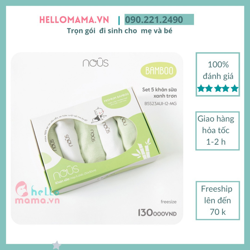 Set 5 khăn sữa Nous (Chất liệu Nu Bamboo sợi tre,mềm, không bị đổ lông, thoáng khí, thấm hút tốt )
