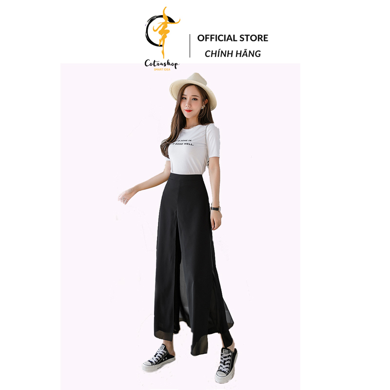 Quần voan điệu đà bốn tà hai lớp lưng cao màu đen COTRASHOP mặc múa mặc đi chơi