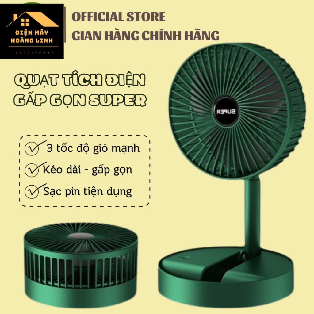 Quạt tích điện để bàn mini Super gấp gọn có thể kéo dài 3 tốc độ gió xoay 360 cổng sạc usb tiện dụng, bảo hành 12 tháng