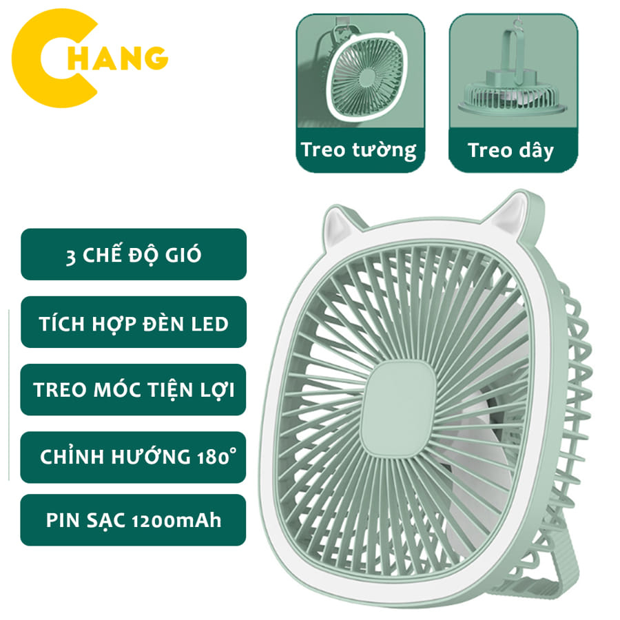 Quạt Để Bàn Mini, Quạt Tích Điện Treo Tường Có Đèn Led Sạc Pin USB 3 Tốc Độ Gió, Tiếng Ồn Cực Thấp , Tiết Kiệm Năng Lượn