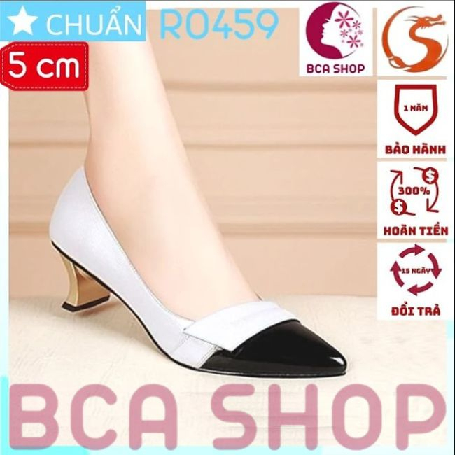 Giày cao gót nữ mũi nhọn cao 5 phân RO459 ROSATA gót kiểu guốc ánh vàng kim - màu trắng phối đen